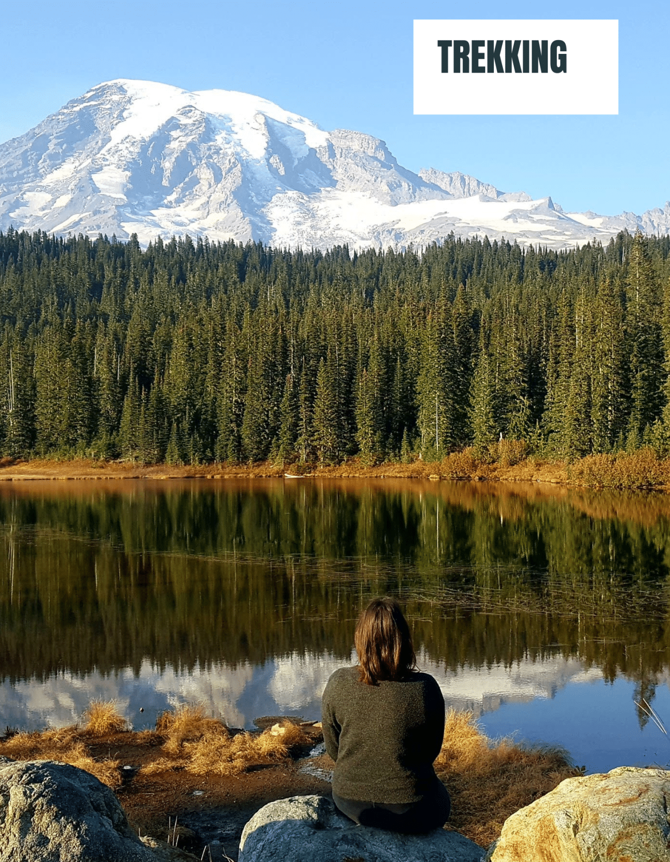 Inès de dos devant le Mont Rainier, illustrant les missions de "999 Vies" et l'esprit d'aventure en trek dans le parc près de Washington