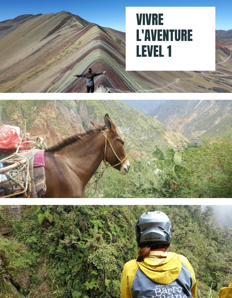 Tryptique pour "Vivre l'Aventure", montrant Inès au Rainbow Mountain, un âne au Canyon de Colca, et Inès de dos en biking en Bolivie, symbolisant l'esprit d'aventure et d'exploration féminin des 7 missions de "999 Vies"