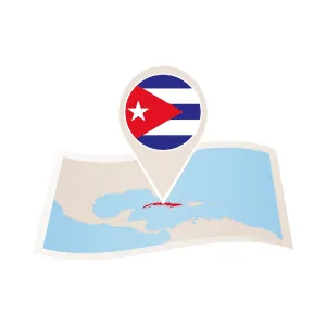 Illustration d'une carte du monde avec une icône représentant le drapeau cubain localisant Cuba