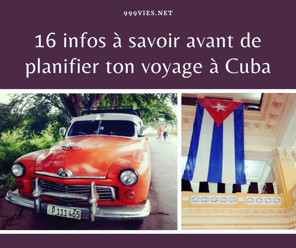 Montage pour planifier un voyage à Cuba, avec une voiture vintage orange à droite, le drapeau cubain à gauche, et un titre en haut sur fond violet