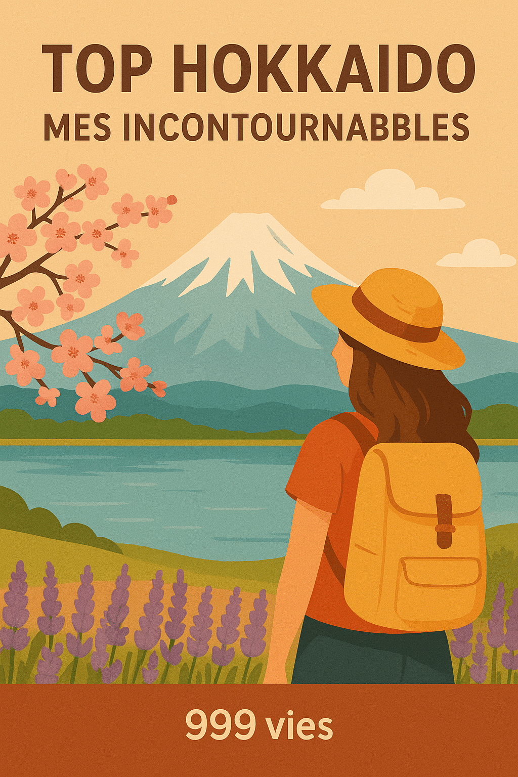 Femme de dos admirant les montagnes de Hokkaido, avec fleurs violettes au premier plan. Illustration pour “Top Hokkaido – Voyage Aventure Solo Féminin”