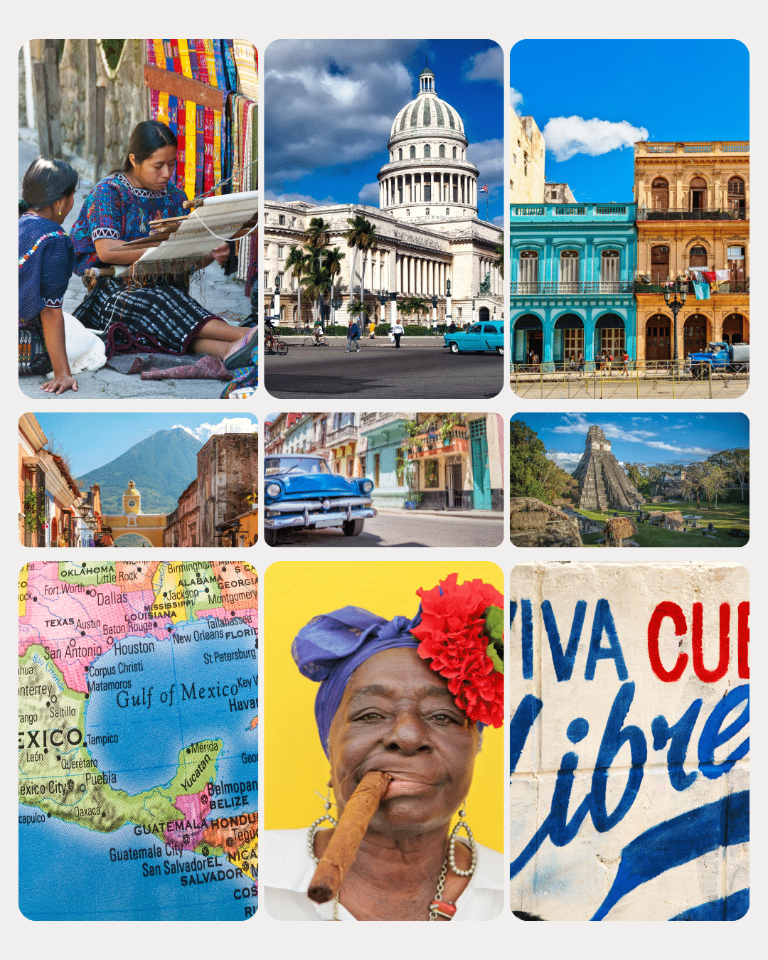Zoom sur l'Amérique Centrale Montage photo d'une femme avec un cigare à Cuba, du tissage guatémaltèque, d'Antigua, et une affiche "Viva Cuba Libre"
