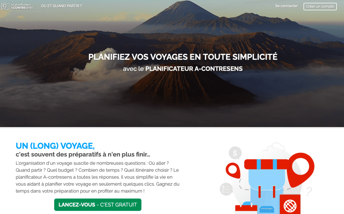 Capture d'écran du blog "A Contresens", présentant le planificateur de voyage avec le volcan Bromo en arrière-plan et un bouton "Lancez-vous, c'est gratuit" en dessous