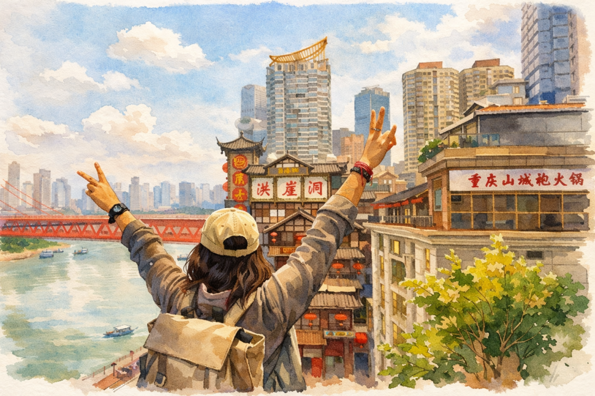 Femme de dos bras levé devant Hongya Cave à Chongqing. Illustration aquarelle ambiance nocturne Chine