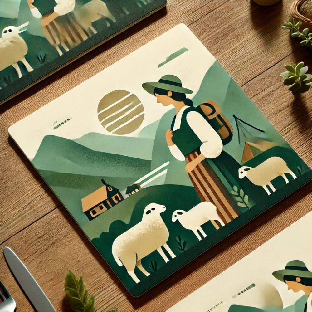 Illustration de voyage alternatif montrant une bergère guidant un troupeau de moutons à travers une prairie verdoyante, avec un coucher de soleil en arrière-plan