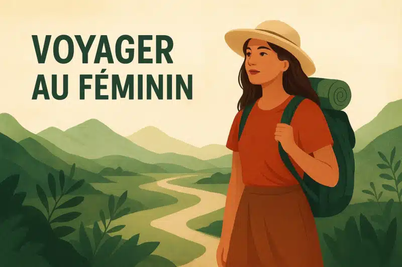 Femme avec sac à dos vert devant des montagnes, symbole de force et liberté.