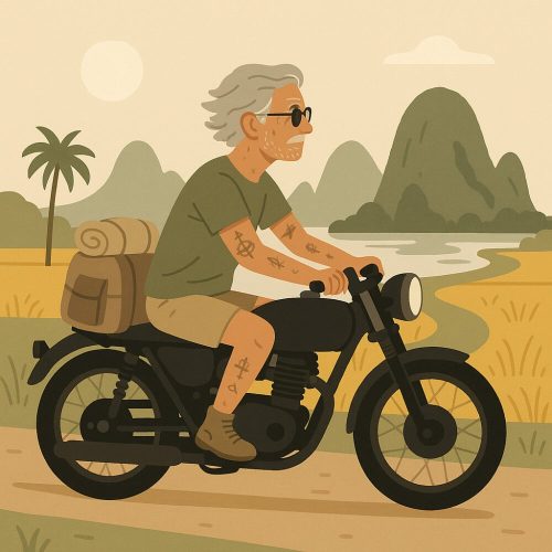 Illustration de Thierry sur une moto noire, avec le paysage du Vietnam en arrière-plan