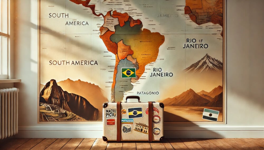 Illustration de ChatGPT avec une carte de l'Amérique du Sud en arrière-plan et une valise avec 'Machu Picchu' écrit dessus