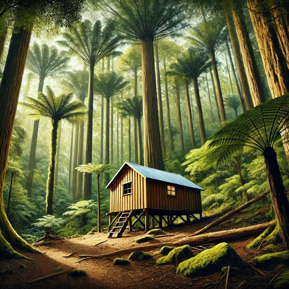 Illustration de Great Barrier Island en Nouvelle-Zélande, montrant une hut au milieu de grandes fougères luxuriantes, entourée d'une nature sauvage et verdoyante