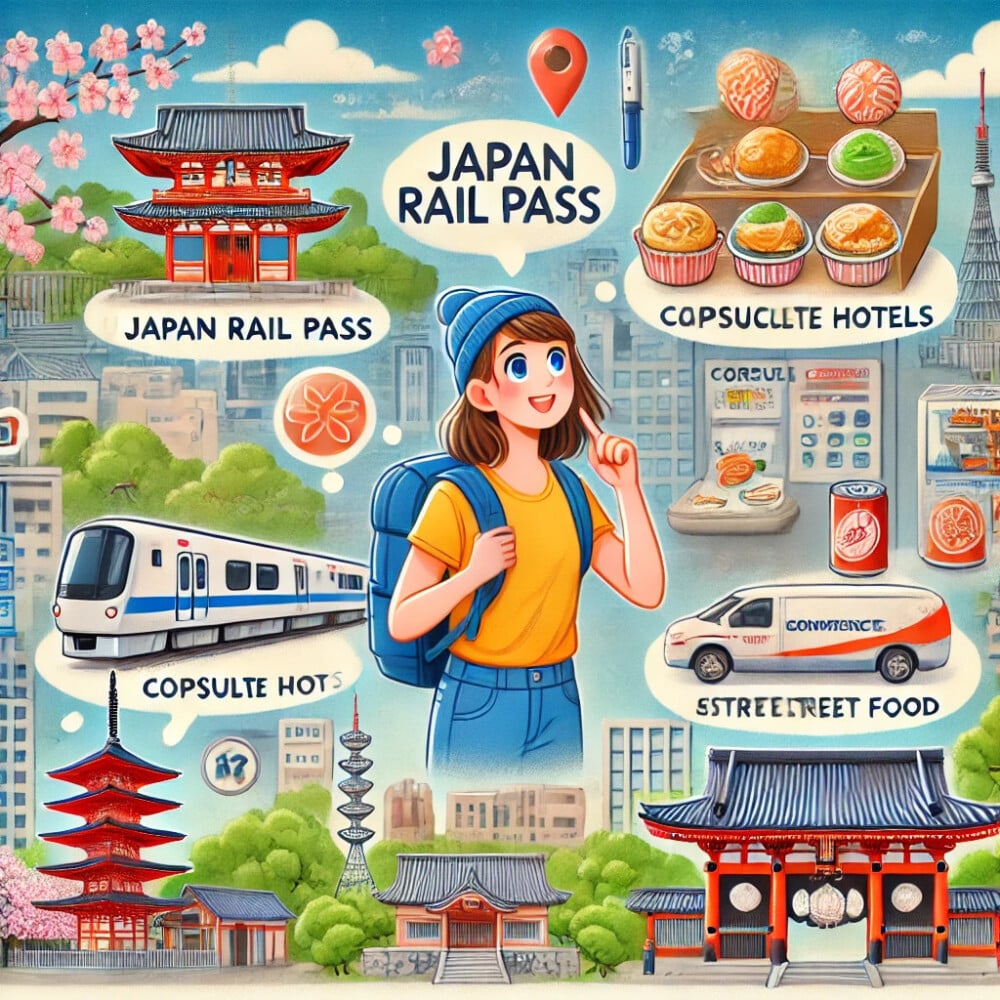 Illustration colorée représentant des éléments de voyage pas cher au Japon, avec un Japan Rail Pass, des hôtels capsules, des trains rapides, et des plats de rue typiques