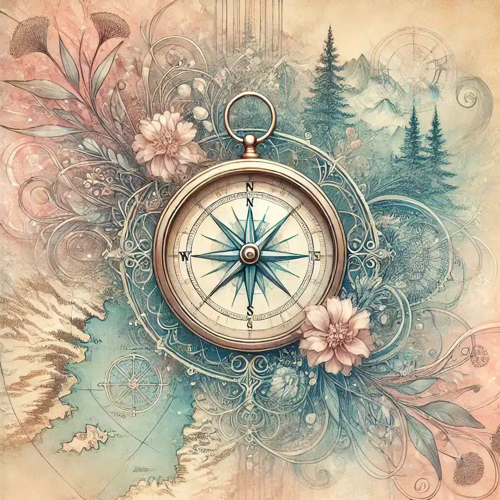 Illustration d'une boussole vintage entourée de fleurs colorées et de sapins, symbolisant le développement personnel et la quête de soi