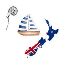 Illustration d'un bateau flottant sur les eaux calmes de la Grande Barrière de Nouvelle-Zélande, entouré de fougères