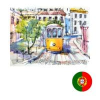 Illustration d'un tramway traditionnel de Lisbonne, encadré dans un style artistique
