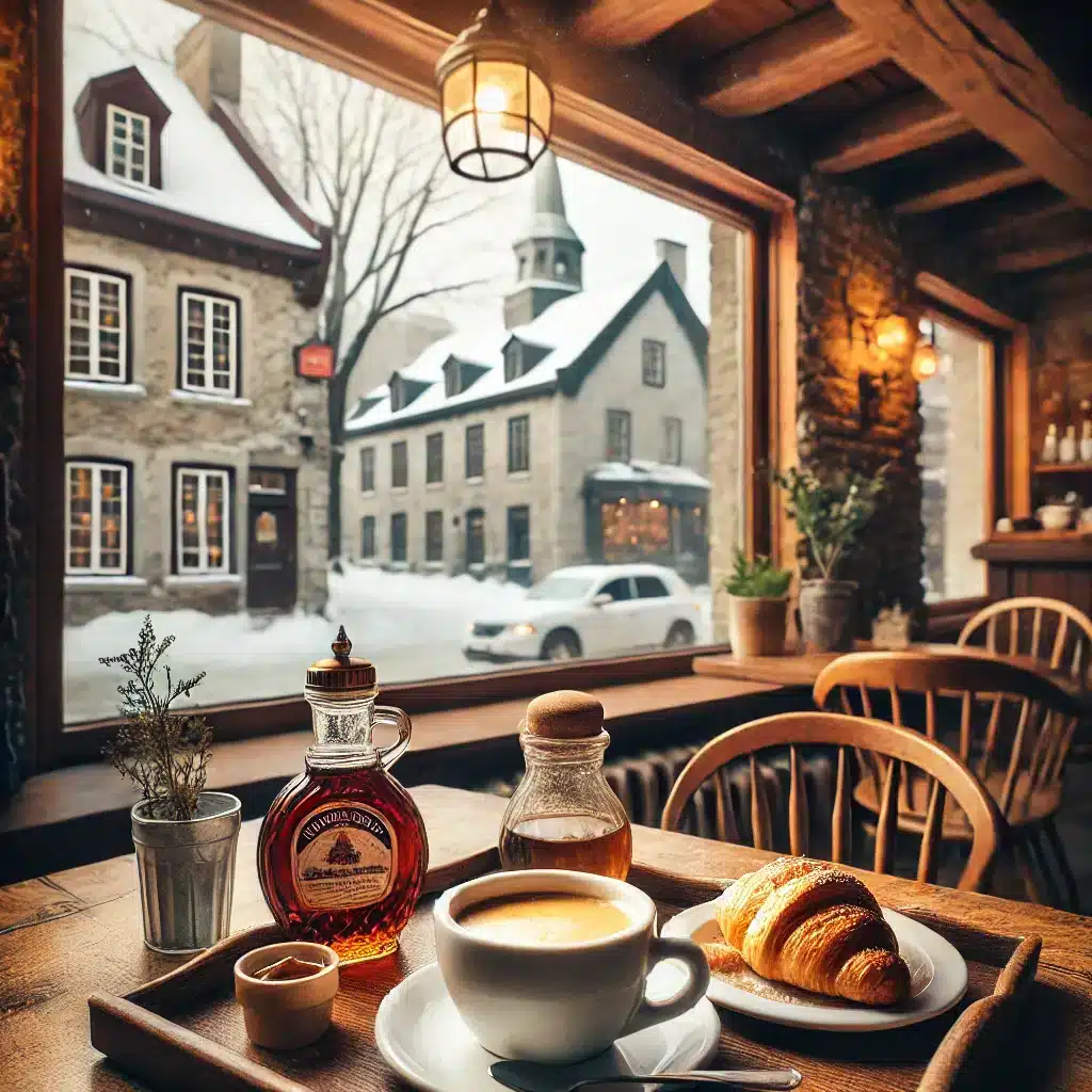 Illustration d'un café au Québec, avec une table en bois sur laquelle se trouvent un cappuccino et une bouteille de sirop d’érable. À travers la fenêtre, on aperçoit des vieilles bâtisses enneigées, probablement dans le quartier Petit Champlain. L'intérieur est chaleureux, contrastant avec l'extérieur enneigé
