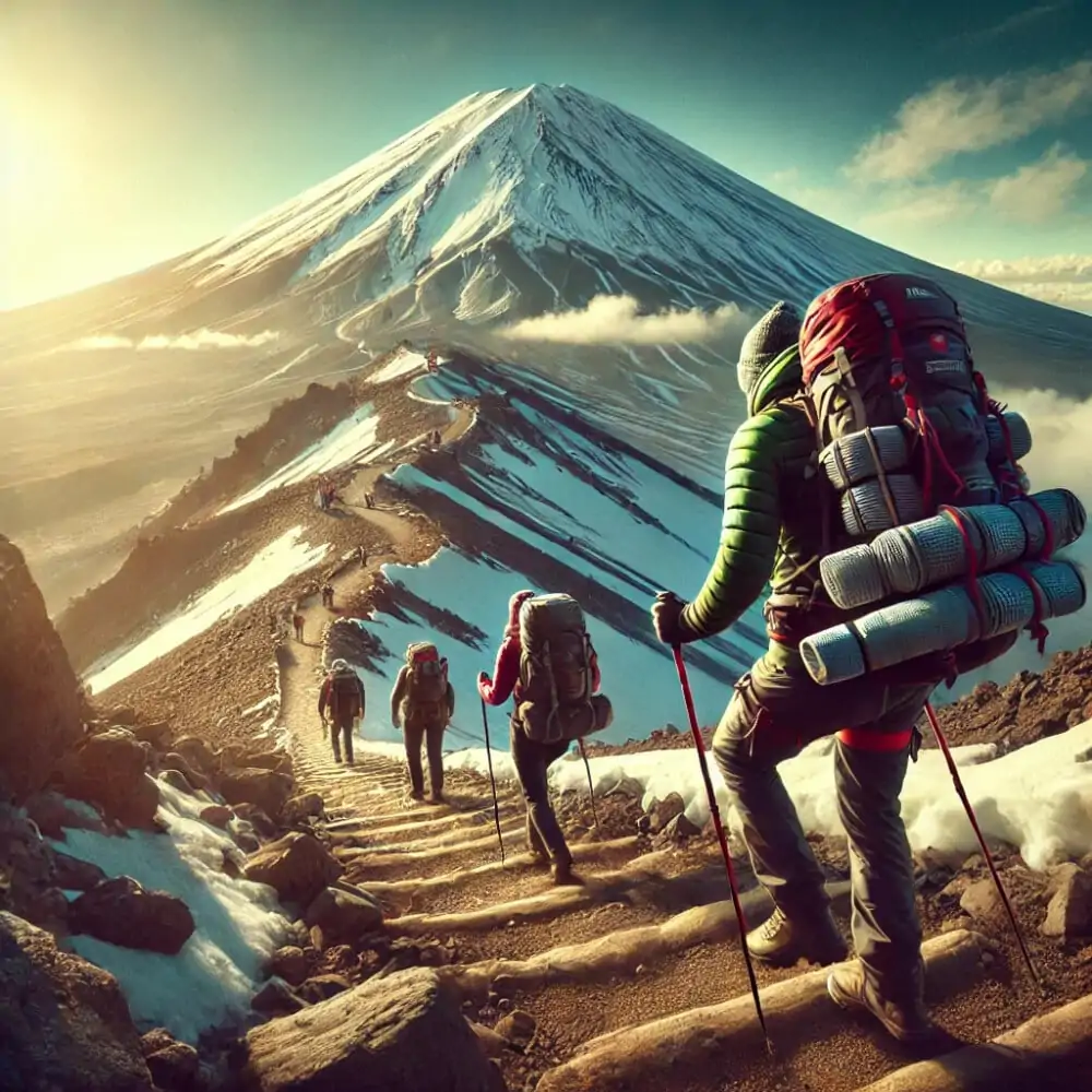 Illustration d'une ascension du Mont Fuji, montrant quatre trekkeurs partant vers le sommet, avec le Mont Fuji majestueux visible au loin sous un ciel clair