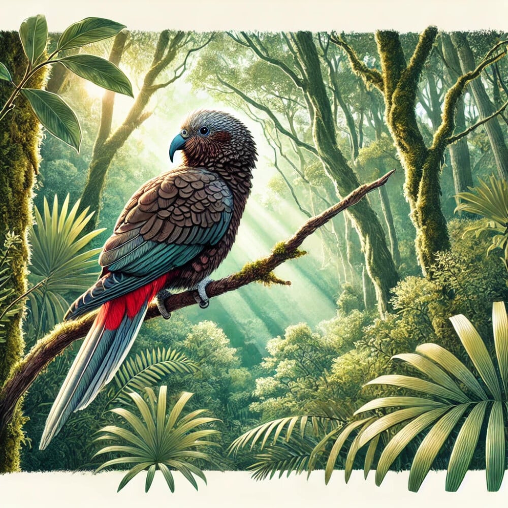 Image d'un perroquet Kaka, un oiseau emblématique de Nouvelle-Zélande, perché sur une branche au milieu d'une forêt luxuriante. Ses plumes colorées brillent sous la lumière, tandis que la verdure environnante crée une ambiance naturelle sereine