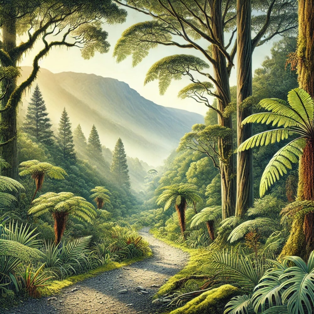 Paysage de la Nouvelle-Zélande avec des fougères et des sapins au milieu de la nature