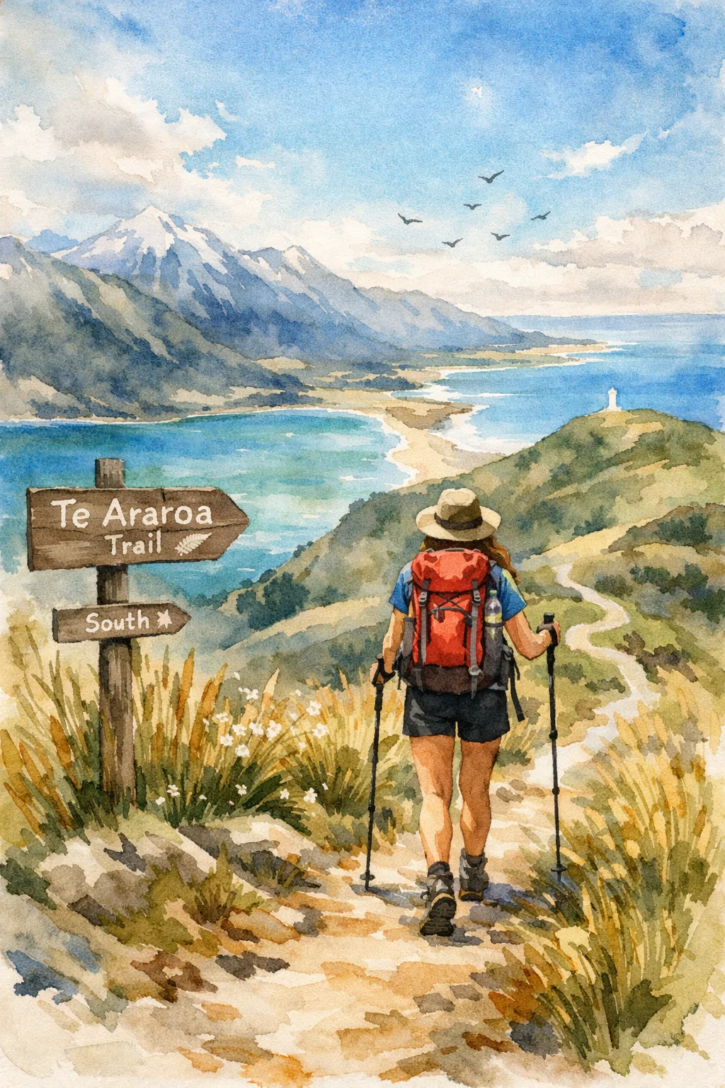 Femme marchant sur le Te Araroa Trail près d’un panneau de randonnée. Lac et montagnes néo-zélandaises en arrière-plan en aquarelle douce