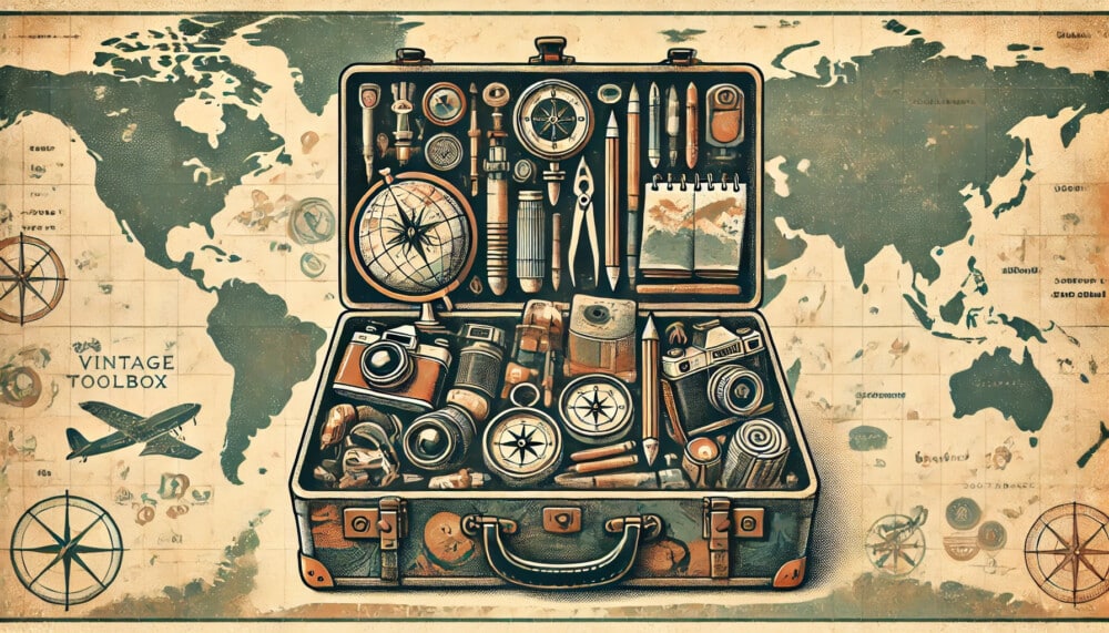 Valise ouverte remplie d’outils et de ressources pour un voyage minimaliste en solo au féminin, avec carte vintage en arrière-plan