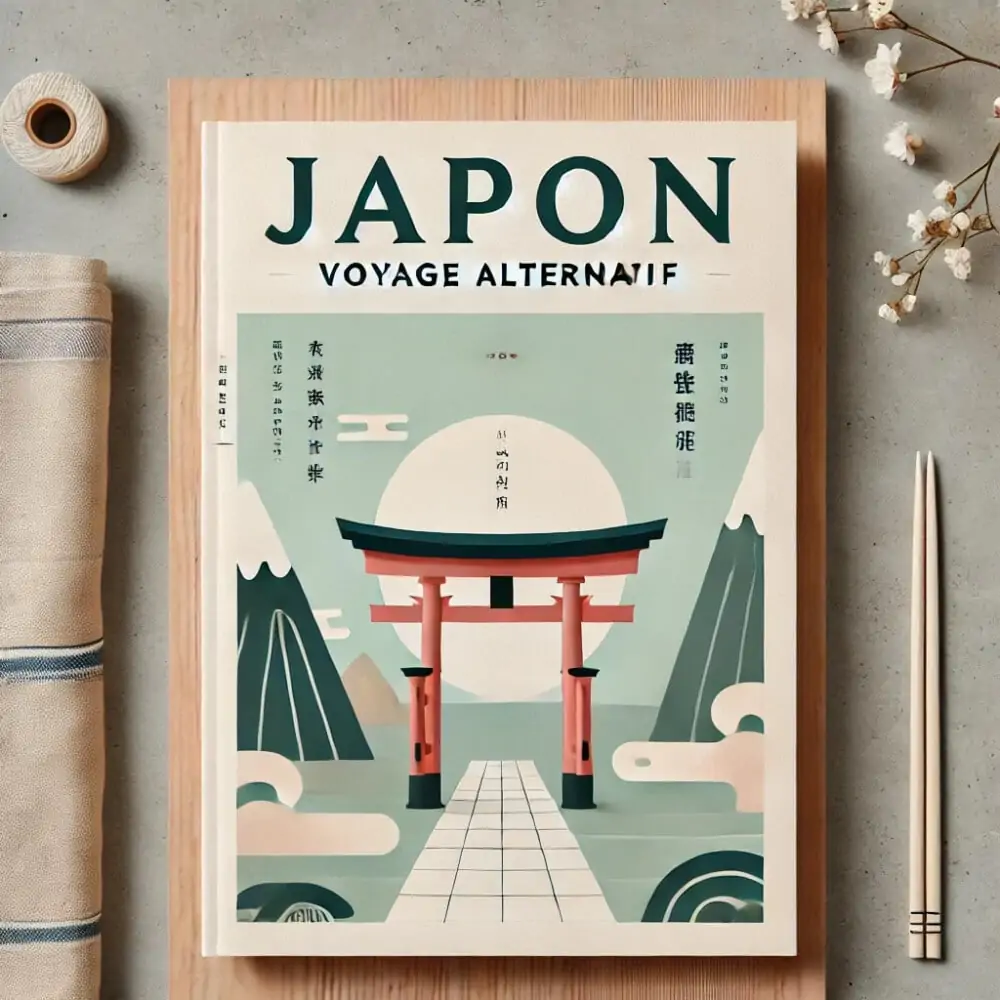Couverture de guide alternatif sur le Japon, avec un tori en avant-plan. Une illustration minimaliste, parfaite pour un voyage solo féminin