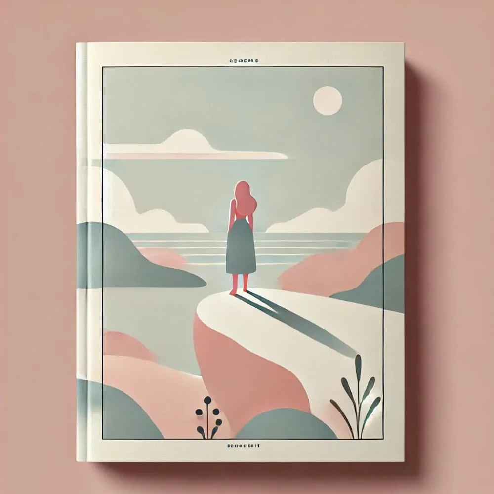 Couverture minimaliste d'un guide de voyage, avec des teintes rose et bleue, et un cadre simple. Une illustration qui évoque l'esprit de voyage solo féminin