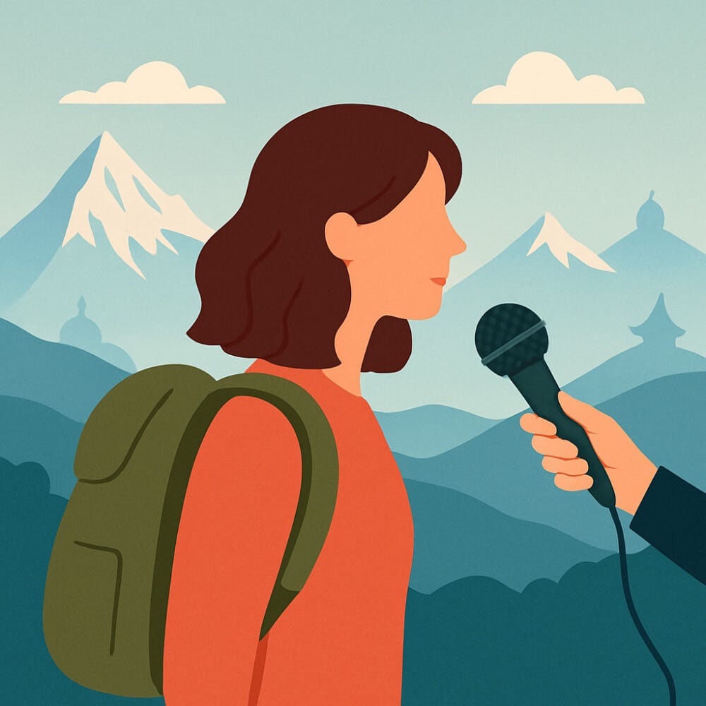 Femme tenant un micro en premier plan, avec des montagnes en arrière-plan. Illustration minimaliste sur le thème des interviews de voyage solo féminin