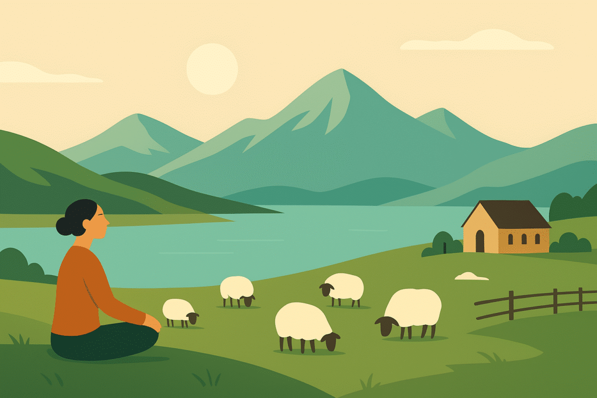 Femme méditant devant une petite maison ou hutte, entourée de moutons et de montagnes, symbole d’introspection et de connexion à la nature