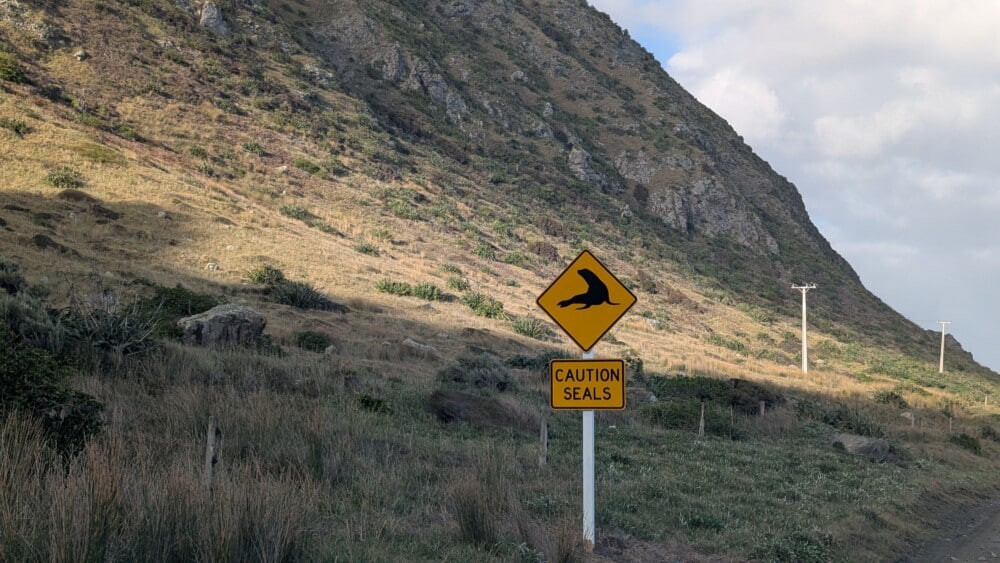Panneau de prudence « Attention Phoques » sur la route du Cap Palliser Un avertissement sympa pour protéger ces habitants marins en pleine nature