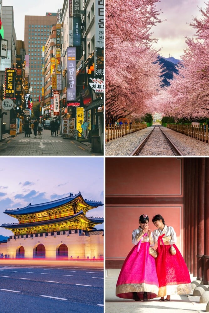 Scènes de Corée du Sud : vie urbaine à Séoul, architecture traditionnelle hanok, personne en costume traditionnel, temple bouddhiste avec route de Séoul en arrière-plan