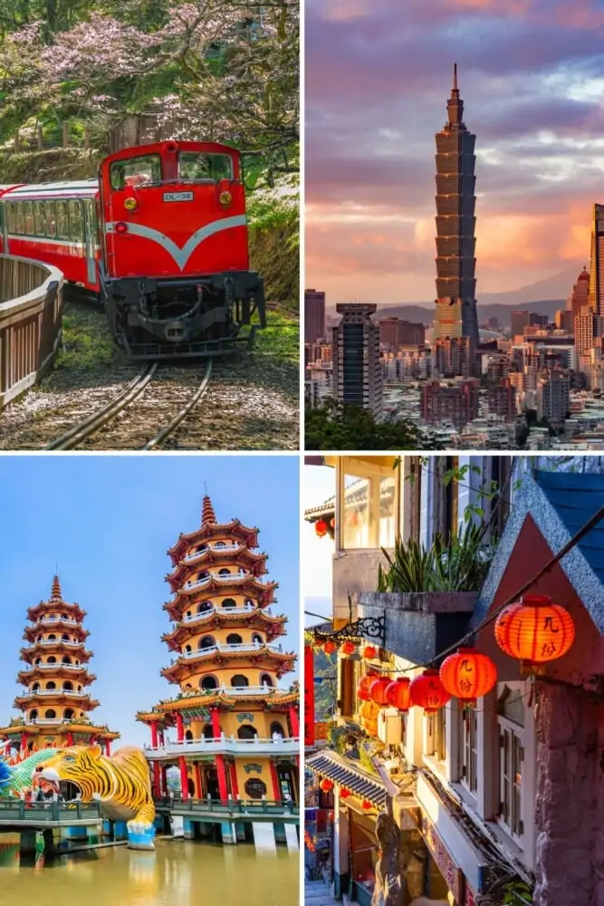 Train rouge dans la forêt d’Alishan, carte de Taïwan, gratte-ciel de Taipei, temple traditionnel avec lanternes illuminées en ville
