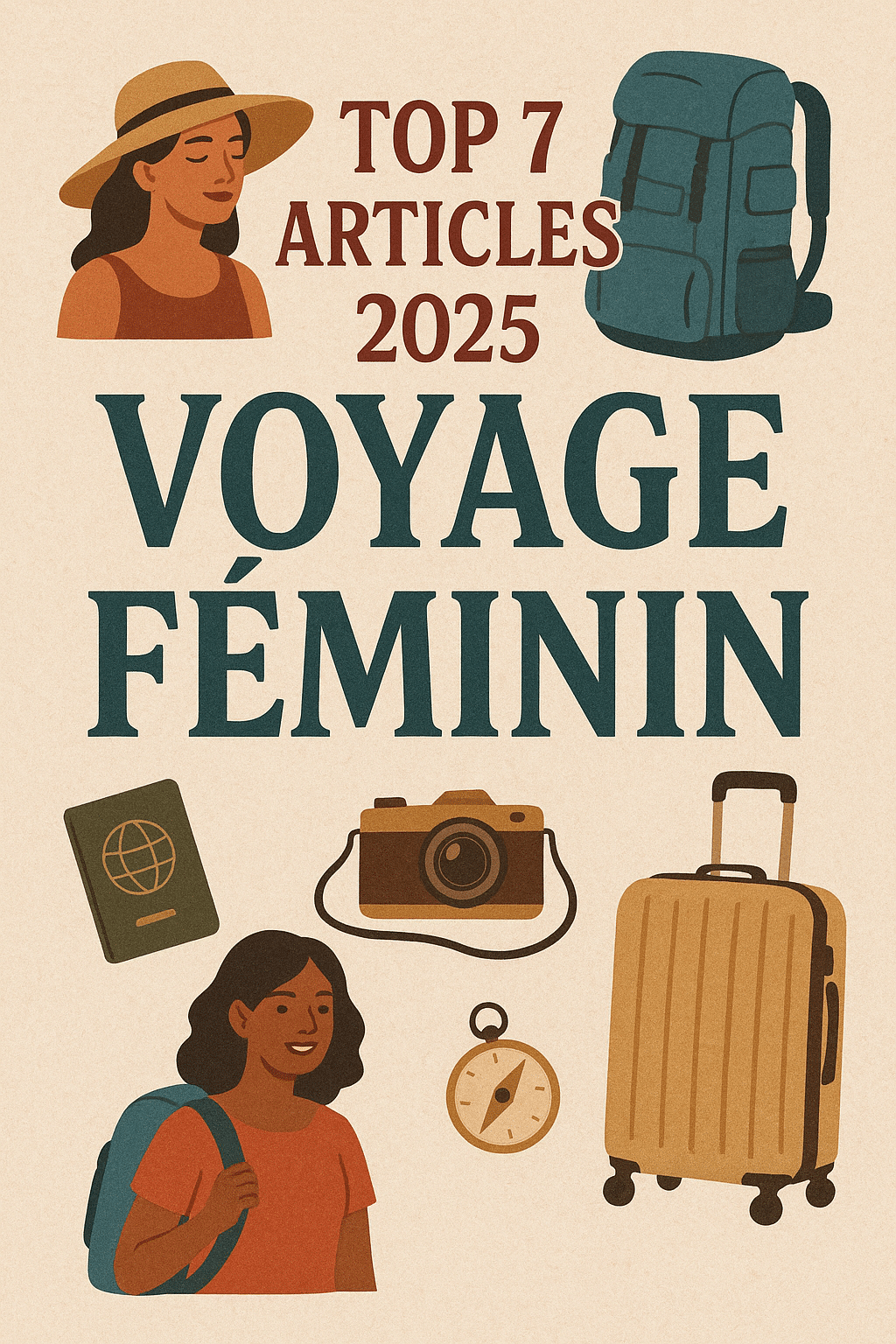 Illustration d’une femme prête à voyager avec valise, sac à dos et passeport, sur fond beige minimaliste. Visuel mettant en avant le thème “Top Articles 2025 – Voyage Féminin” avec une ambiance douce et moderne