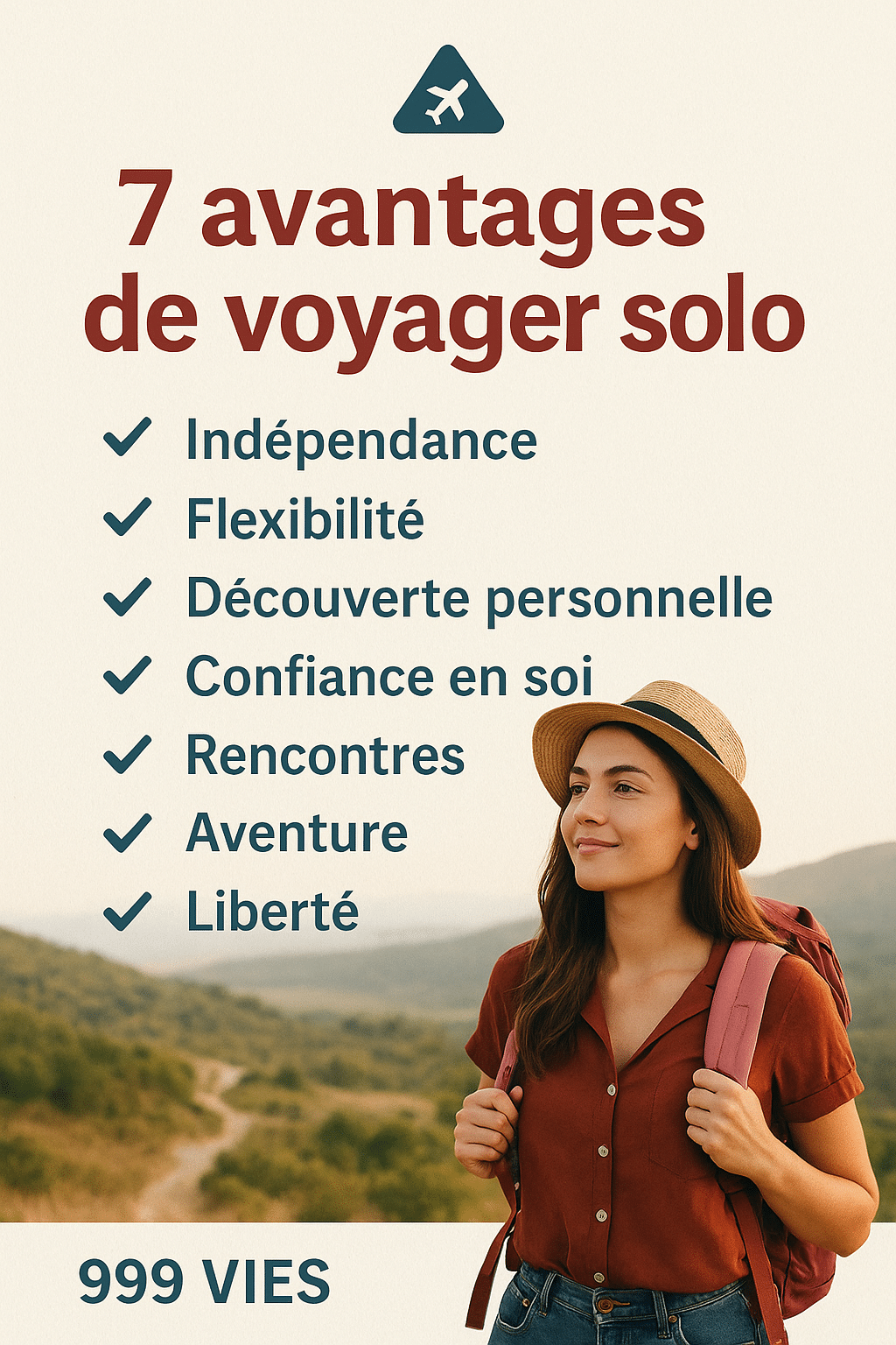 Illustration Pinterest d’une femme avec un sac à dos présentant 7 avantages du voyage en solo. Style doux et féminin, mise en page claire et illustrée