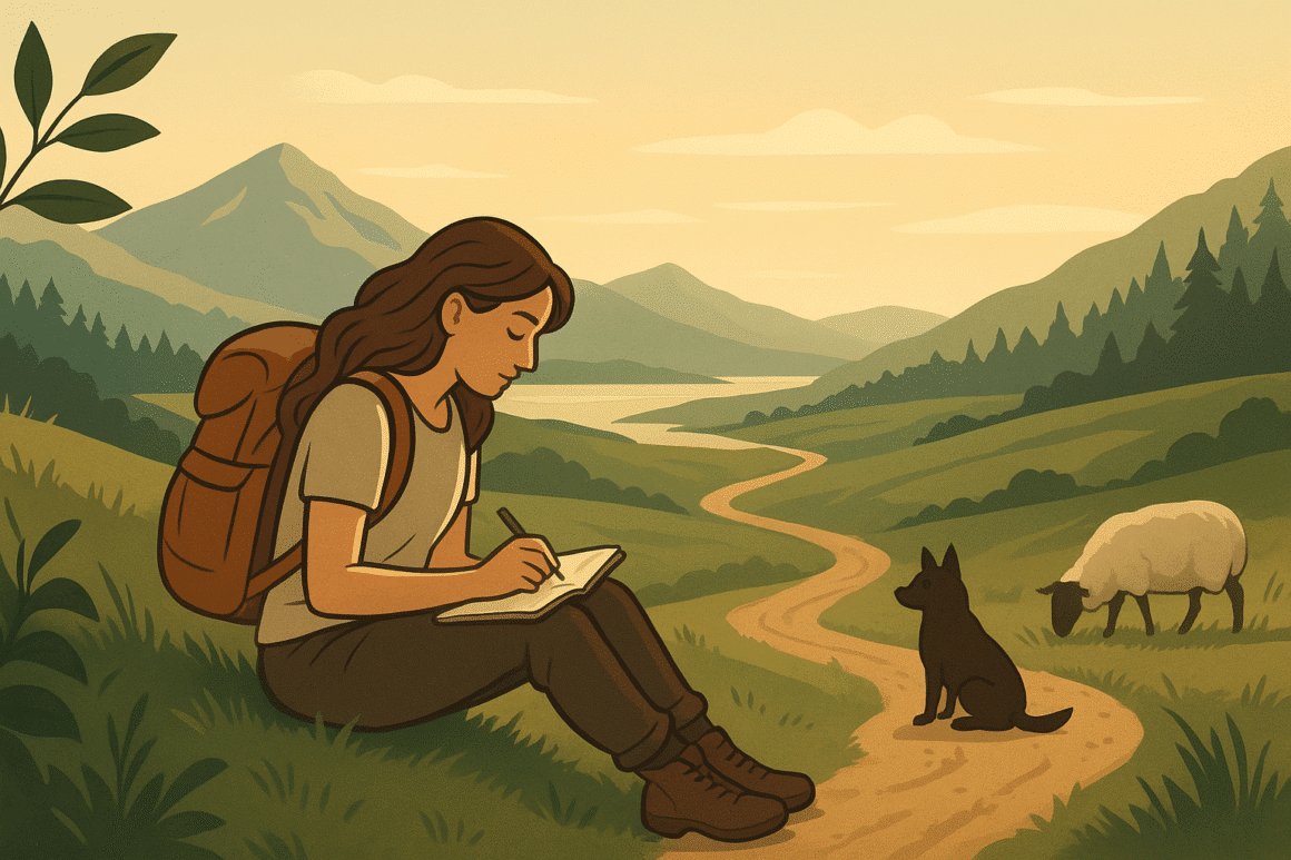 Femme écrivant dans la montagne Compagnon à quatre pattes à ses côtés