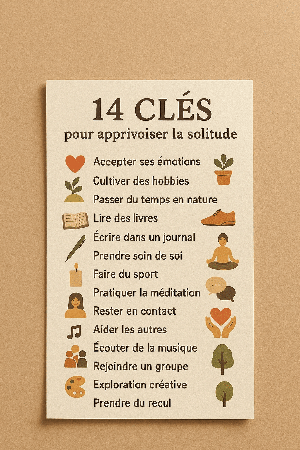 Illustration Pinterest 14 Clés pour Apprivoiser la Solitude. Feuilles de papier posées sur un fond beige minimaliste