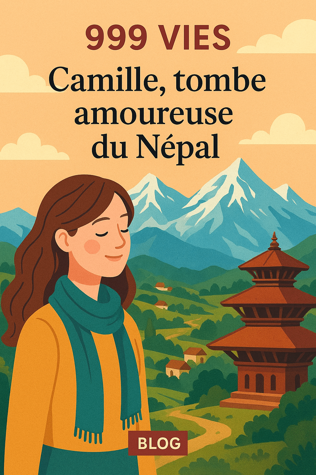 Illustration Pinterest 999 Vies : Interview Camille – Elle tombe amoureuse au Népal. Camille à gauche, montagnes du Népal et atmosphère voyage à droite