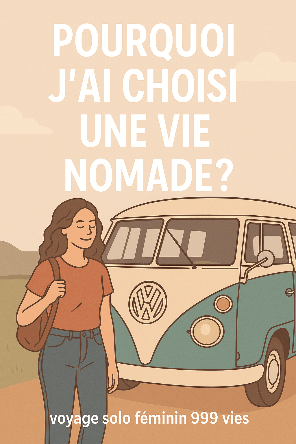 Illustration d’une femme nomade voyageant en solo avec un combi Volkswagen, en route vers une vie libre et minimaliste. Ambiance douce et inspirante, évoquant le WWOOFING et le choix d’un mode de vie alternatif