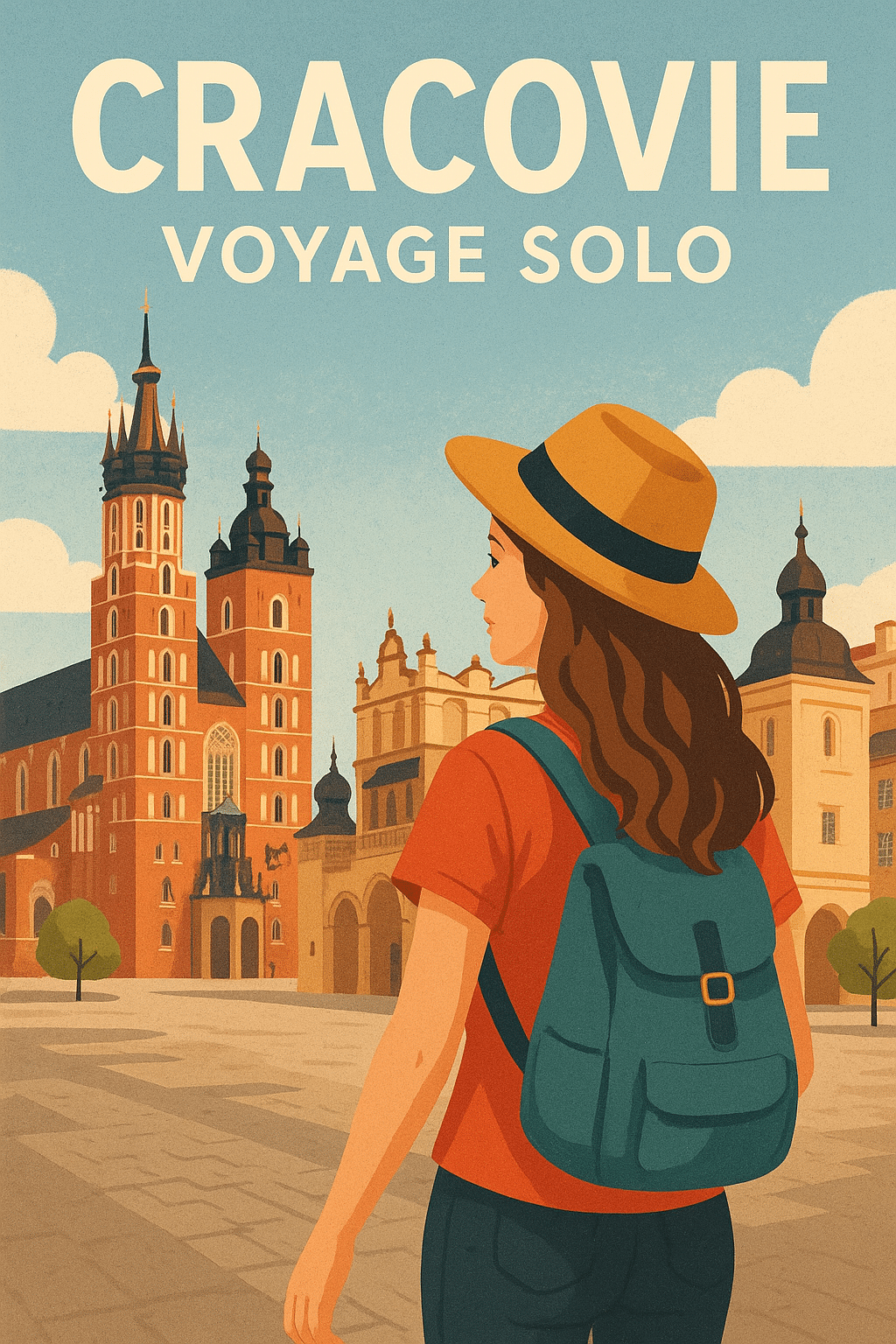 Femme avec sac à dos explorant Cracovie, ville en arrière-plan. Illustration Pinterest 999 Vies sur le thème du voyage solo au féminin