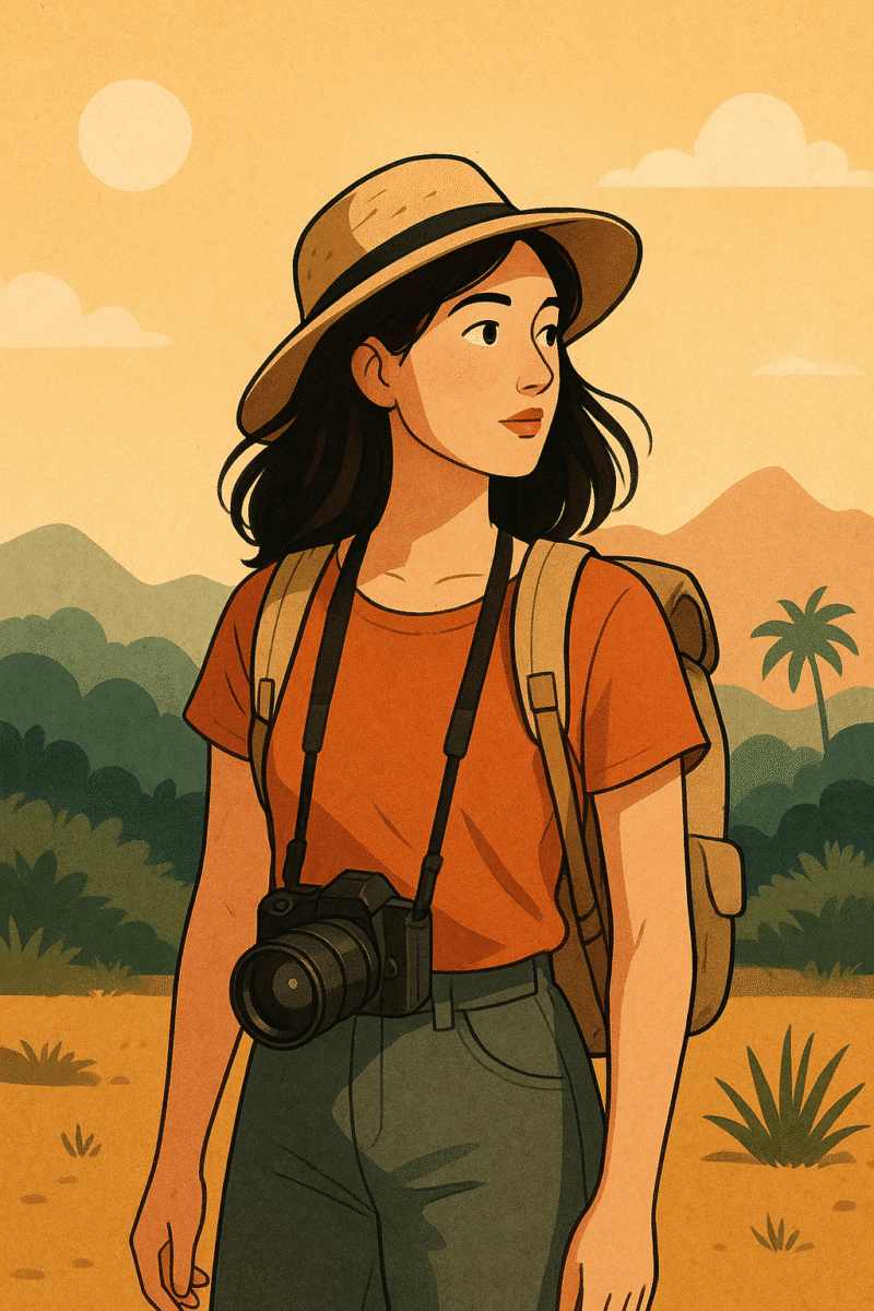 Femme au chapeau avec appareil photo sous le soleil, palmiers en arrière-plan. Illustration 999 Vies représentant exploration, voyage et esprit d’aventure