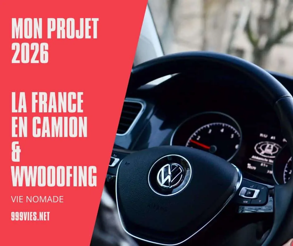 Projet 2026 WWOOF en France, pochette d’article avec titre à gauche et volant de Volkswagen à droite. Ambiance voyage et découverte rurale