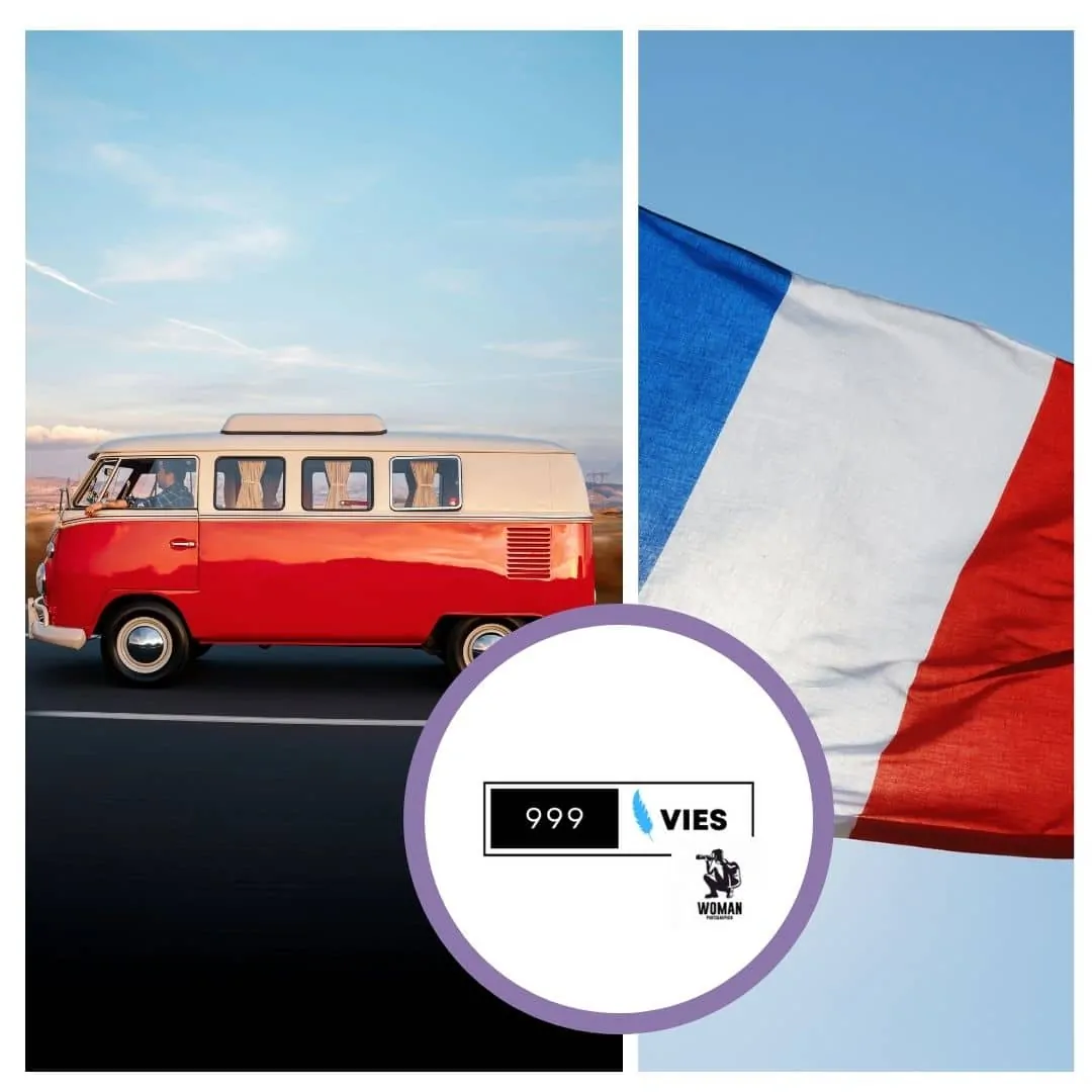 Promotion du projet 2026 WWOOF France avec van à gauche, drapeau français à droite et logo 999 Vies au centre. Ambiance voyage, découverte rurale et identité visuelle