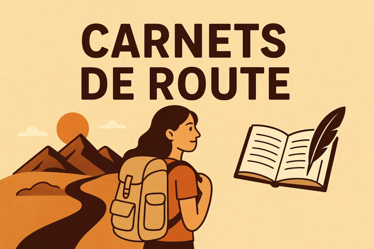 Femme tournant la tête vers la gauche, carnet à côté Illustration pour la catégorie Carnets de Route