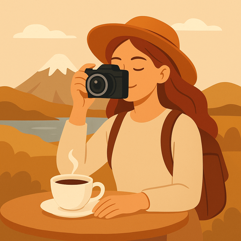 Femme souriante avec café et appareil photo devant des montagnes. Illustration 999 Vies évoquant voyage, détente et découverte au féminin