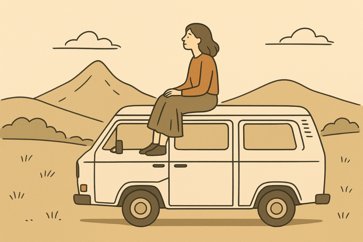 Van beige avec femme sur le toit Volcan en arrière-plan pour la Vie Nomade