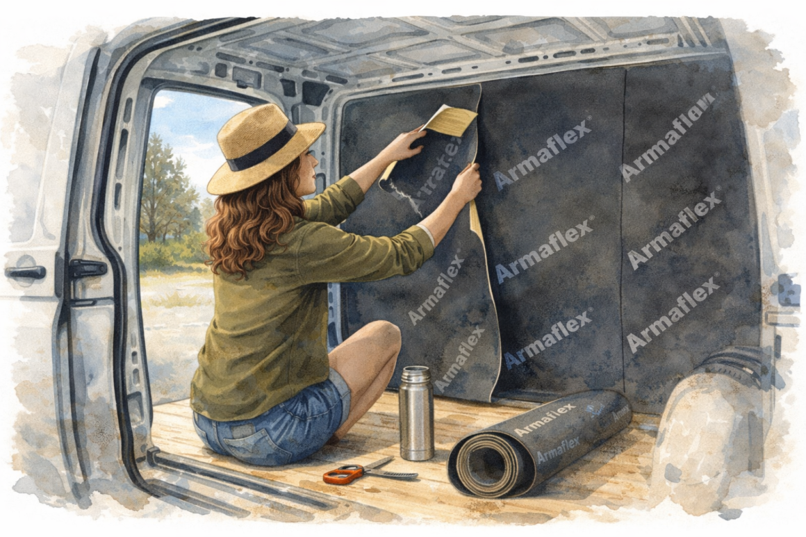 Femme assise dans un van posant l’isolation Armaflex. Illustration aquarelle aménagement intérieur camion