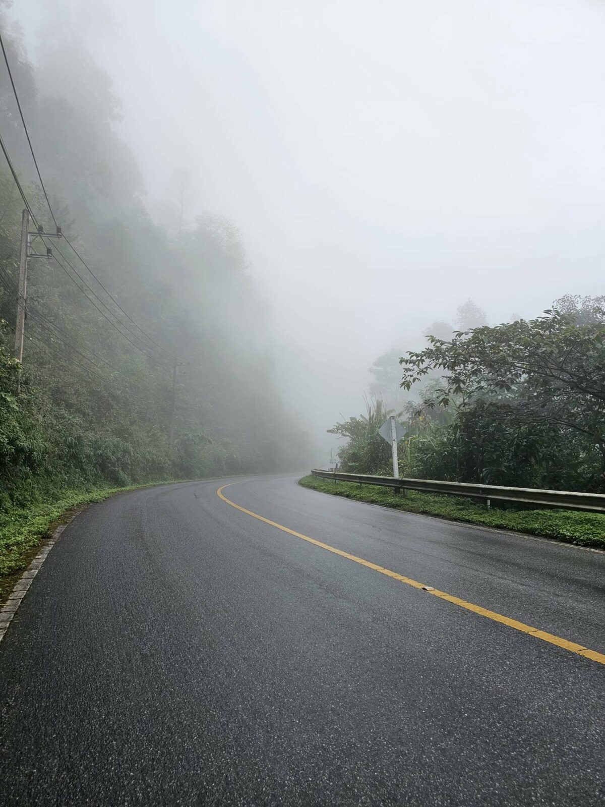 Route sinueuse enveloppée de brouillard, vue lors des voyages de Fanny en Irlande et en Asie du Sud-Est. Illustration qui capture le mystère, l’aventure et la beauté des paysages brumeux