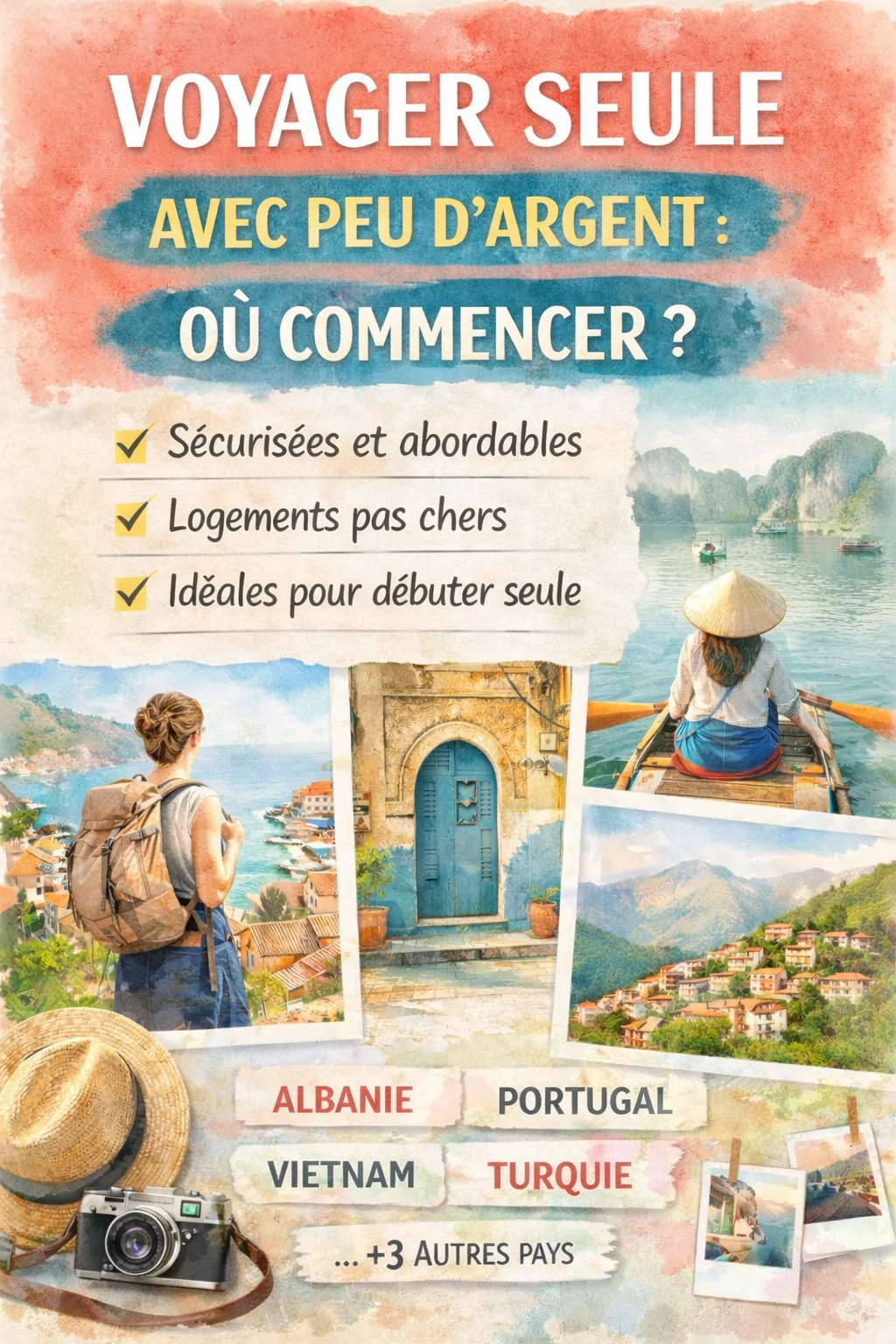 Illustration pour un post Pinterest montrant 9 destinations pour voyager seule avec un petit budget, avec photos et cases à cocher. Visuel qui capture l’organisation du voyage, la découverte culturelle et l’inspiration pour explorer de nouveaux pays
