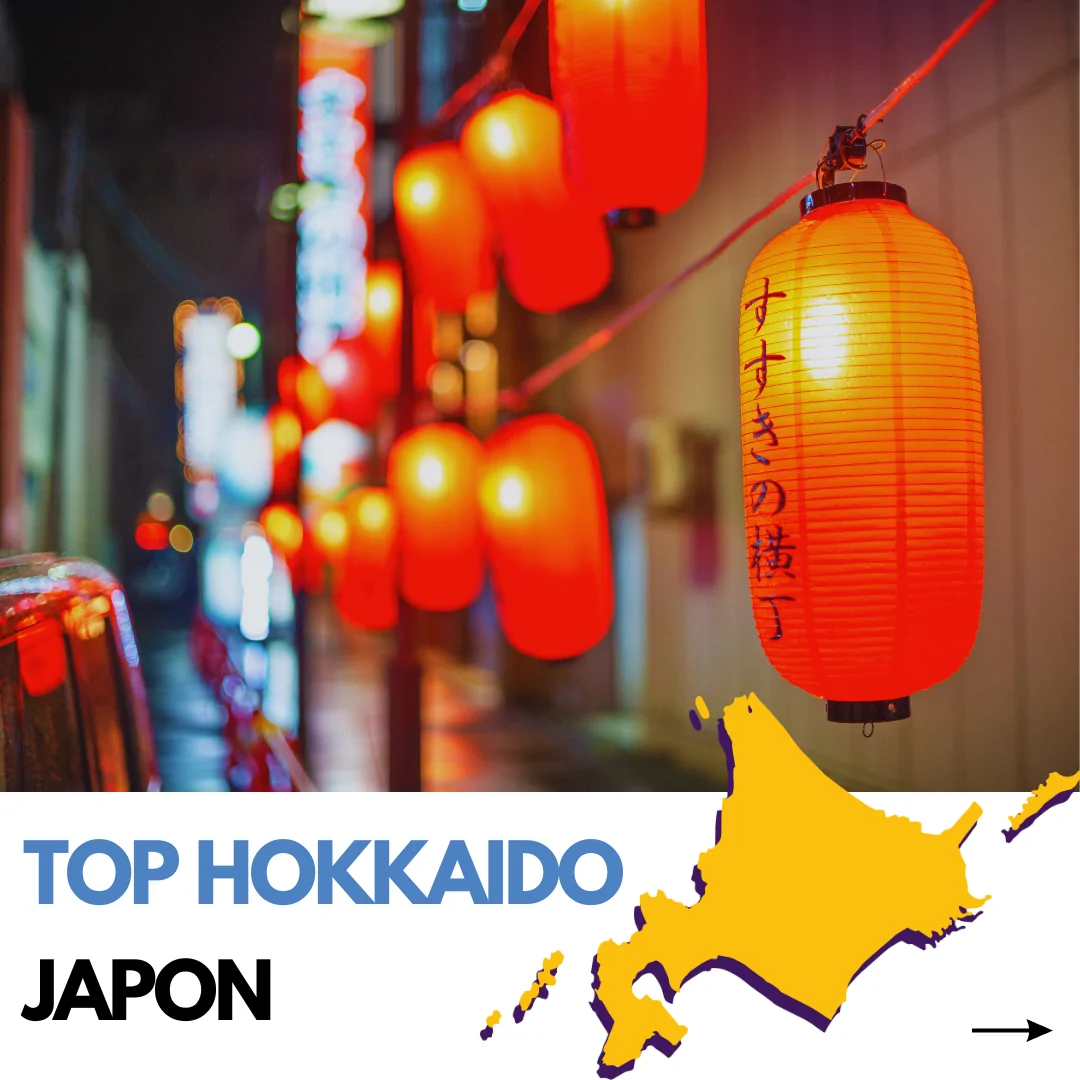 Photo de carte illustrée de Hokkaidō au Japon, avec des lanternes rouges en arrière-plan. Pochette de voyage à l’esthétique japonaise, ambiance chaleureuse et immersive