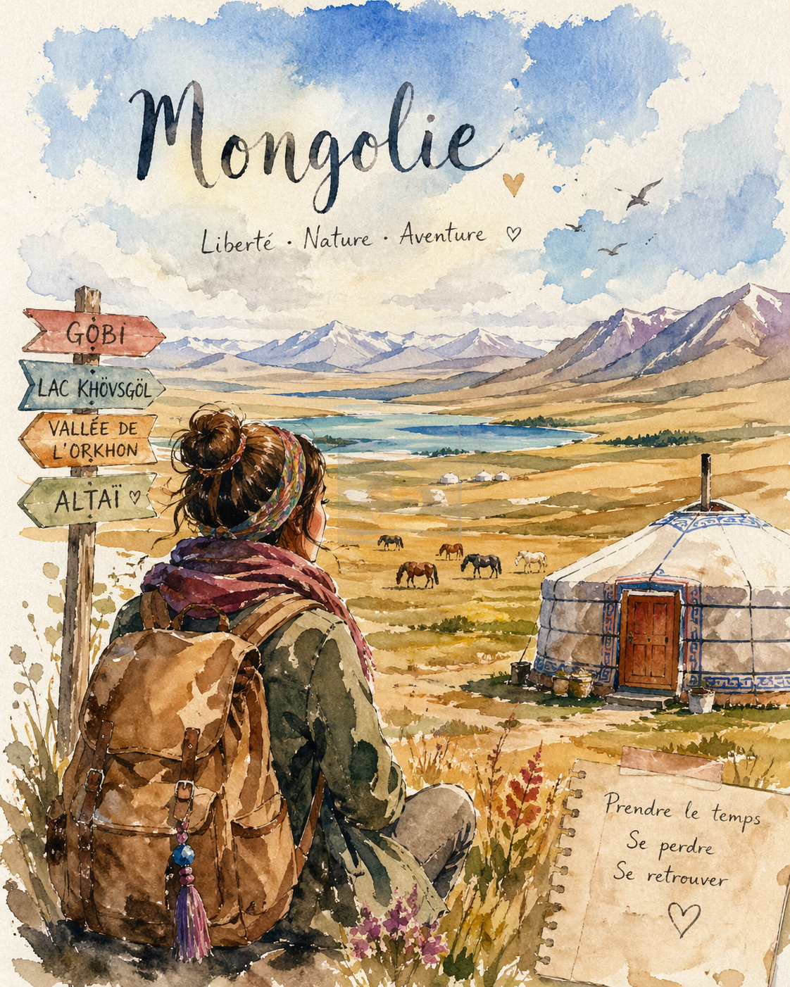Illustration aquarelle d’une femme seule dans la steppe de Mongolie avec panneaux directionnels. Ambiance douce et contemplative au cœur de paysages ouverts