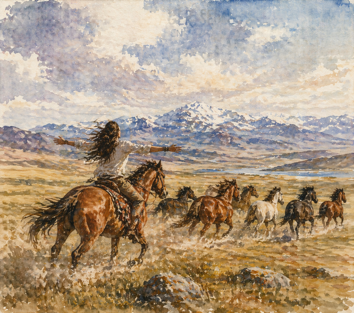 Illustration d’une femme à cheval dans la steppe de Mongolie, bras tendu face à une horde de chevaux. Montagnes majestueuses en arrière-plan sous un ciel vaste et ouvert