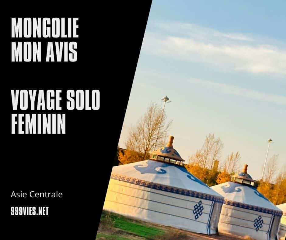 Pochette de voyage avec yourtes mongoles à gauche pour un article sur la Mongolie et le voyage solo féminin en 2026. Titre en noir sur fond blanc annonçant “Mongolie Mon Avis 2026”